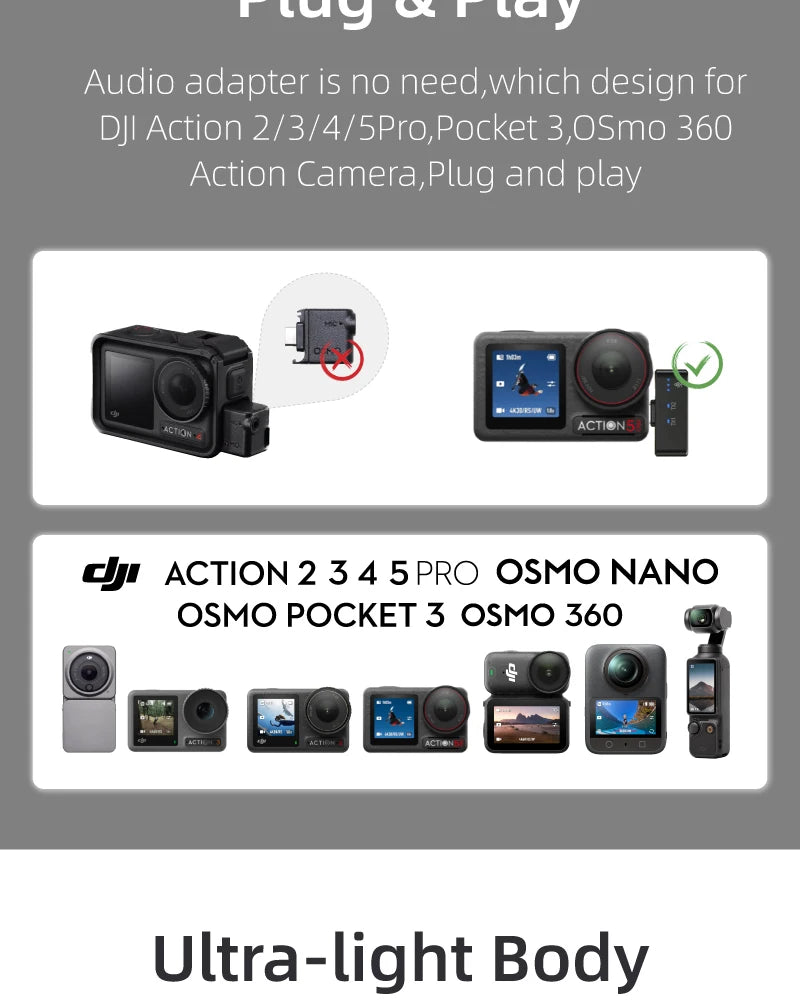 wireless microphone mic for DJI OSMO 360/OSMO NANO/pocket3/action5 pro/4/3 camera mic audio no need mic adapter camera Accessory