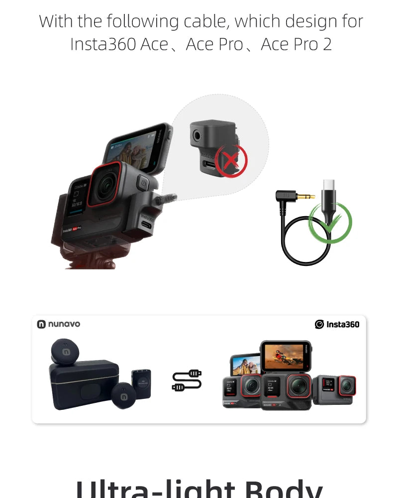 NUNAVO wireless microphone mic for Insta360 ACE PRO2 ace pro mic audio no need mic adapter action camera Accessory hifi noise reduction