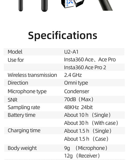 NUNAVO wireless microphone mic for Insta360 ACE PRO2 ace pro mic audio no need mic adapter action camera Accessory hifi noise reduction