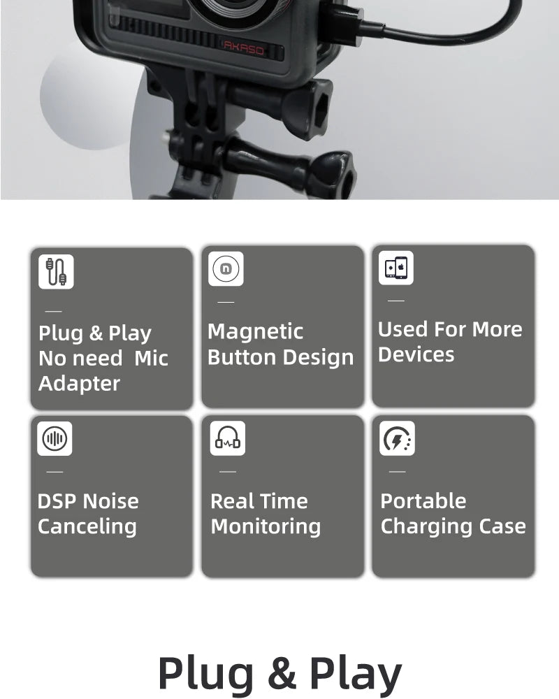 wireless microphone mic for Akaso Brave 8/7/6 plus mic audio no need mic adapter action camera Accessory hifi noise reduction